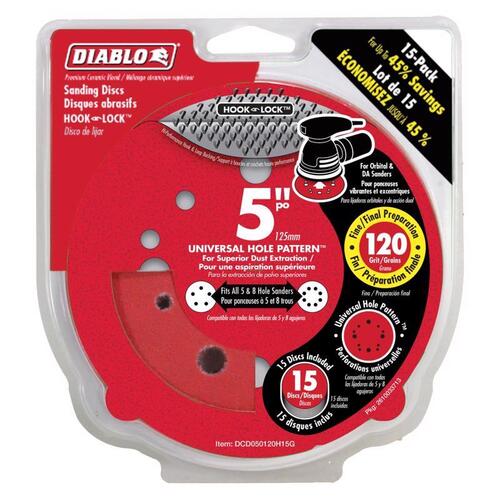 Sanding Disc, 5 in Dia, 120 Grit, Ultra Fine, Ceramic Abrasive, 12-Hole - pack of 15