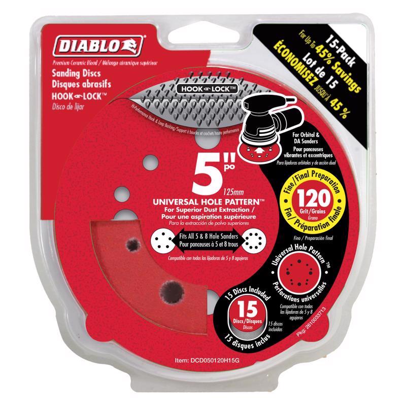 Diablo DCD050120H15G Sanding Disc, 5 in Dia, 120 Grit, Ultra Fine, Ceramic Abrasive, 12-Hole - pack of 15