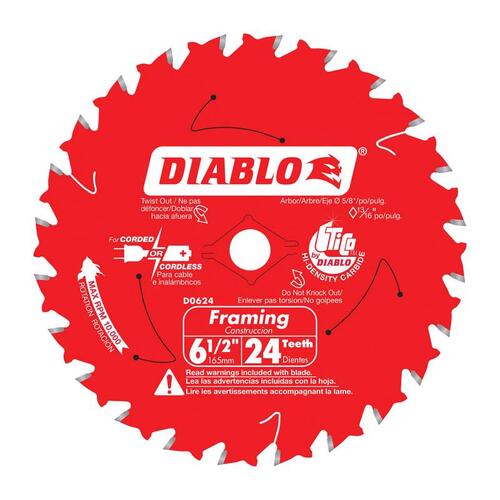 Framing Trim Saw Blade, 6-1/2 in Dia, 5/8 in Arbor, 24-Teeth, Carbide Cutting Edge - pack of 10