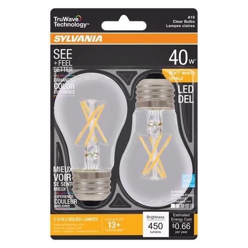 Natural LED Bulb, General Purpose, A15 Lamp, 40 W Equivalent, E26 Lamp Base, Dimmable, Clear - pack of 2