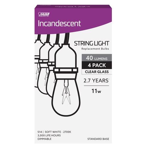 Incandescent Bulb, 11 W, S14 Lamp, E26 Medium Lamp Base, 40 Lumens Lumens, 2700 K Color Temp - pack of 4