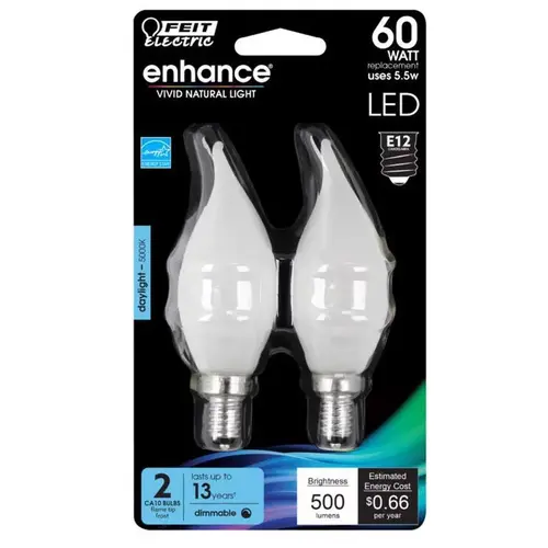 LED Light Bulb, Decorative, Flame Tip, 60 W Equivalent, Candelabra Lamp Base, Dimmable - Pair Frosted - 2 per pack x6 packs