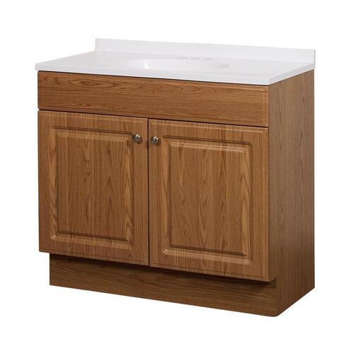 2-Door Raised Panel Vanity with Top, Wood, Oak, Cultured Marble Sink, White Sink