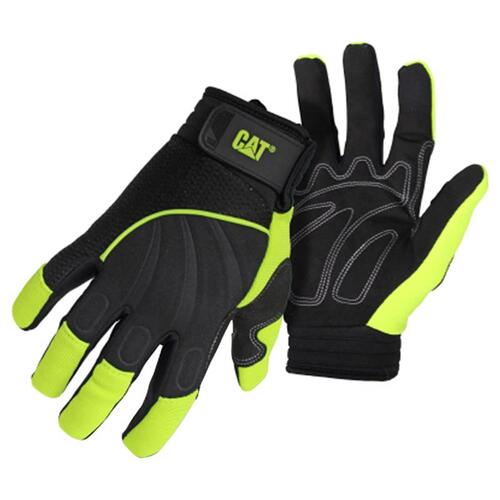 012224-L High-Visibility Mechanic Gloves, Men's, L, Adjustable Wrist Cuff, Synthetic Leather, Green