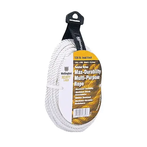 Rope, 1/4 in Dia, 50 ft L, 136 lb Working Load, Nylon, White