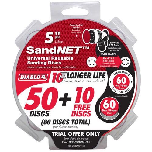 SandNET Sanding Disc, 5 in Dia, 60 Grit, Coarse, Aluminum Oxide/Ceramic Abrasive, Universal - pack of 50