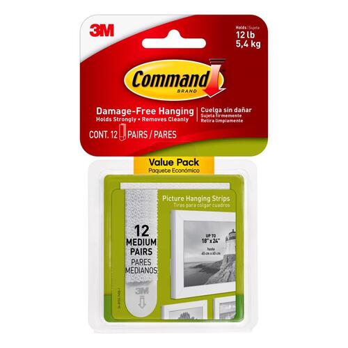 Medium Picture Hanging Strip, 3/4 in W, 2-3/4 in L, Foam Backing, White, 3 lb - pack of 12