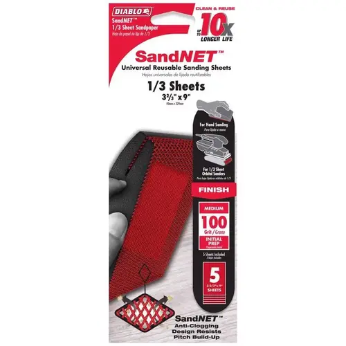 SandNET Universal Sanding Sheet, 3-2/3 in W, 9 in L, 100 Grit, Medium, Ceramic Abrasive - pack of 5