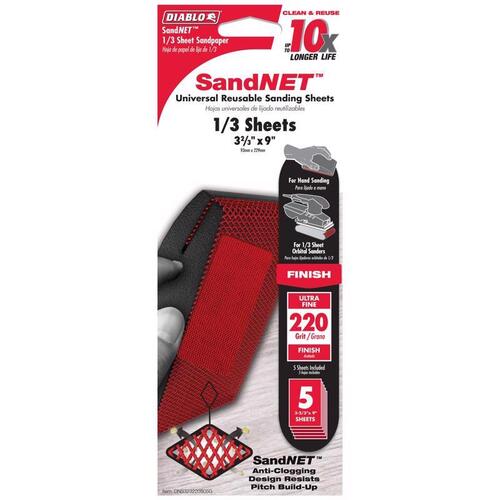 SandNET Universal Sanding Sheet, 3-2/3 in W, 9 in L, 220 Grit, Ultra Fine, Ceramic Abrasive - pack of 5