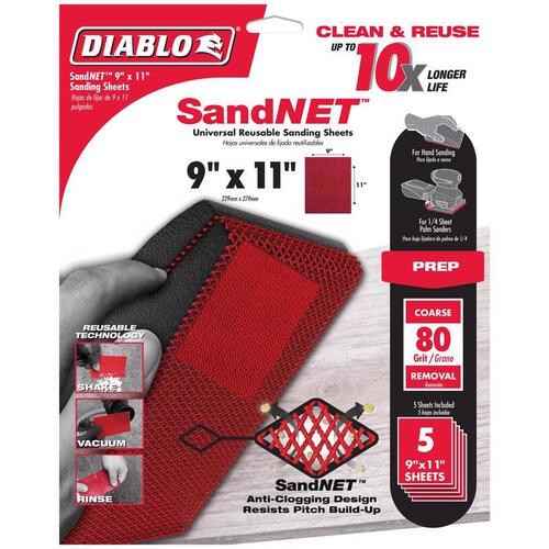 SandNET Universal Sanding Sheet, 9 in W, 11 in L, 80 Grit, Coarse, Ceramic Abrasive - pack of 5