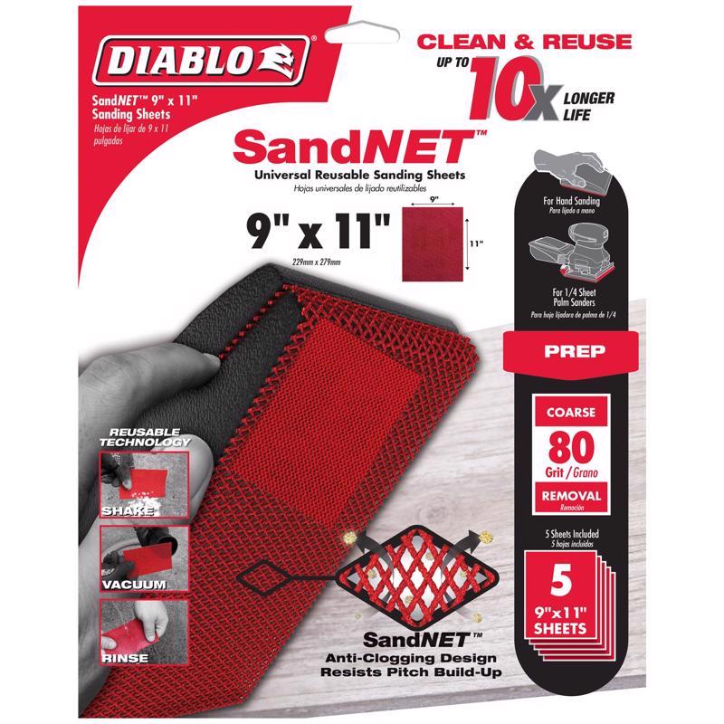 Diablo DND911080H05G SandNET Universal Sanding Sheet, 9 in W, 11 in L, 80 Grit, Coarse, Ceramic Abrasive - pack of 5