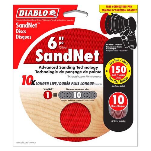 Sanding Disc, 6 in Dia, 150 Grit, Very Fine, Aluminum Oxide Abrasive, Universal - pack of 10