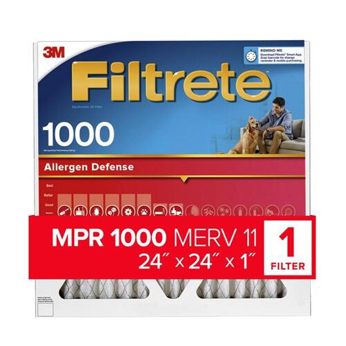 Air Filter, 24 in L, 24 in W, 11 MERV, 1000 MPR, Polypropylene Frame