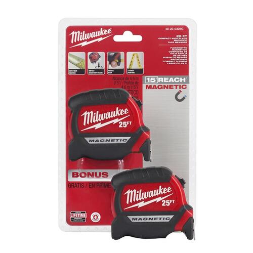 Magnetic Tape Measure 25 ft. L X 1" W Compact Wide Blade Black/Red