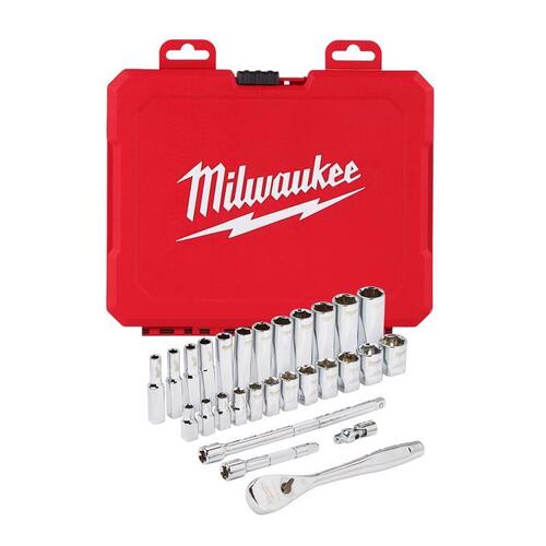 Ratchet and Socket Set, Alloy Steel, Chrome, Specifications: 1/4 in Drive Size, Metric Measurement