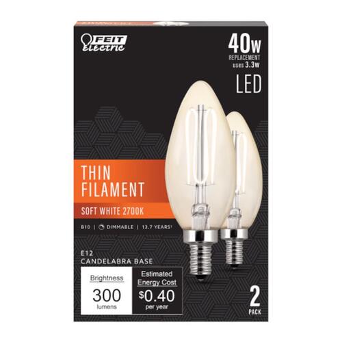 Feit Electric CTC40927CATFIL2 Filament LED Bulb Mini Candelabra E12 (Candelabra) Soft White 40 Watt Equivalence Clear