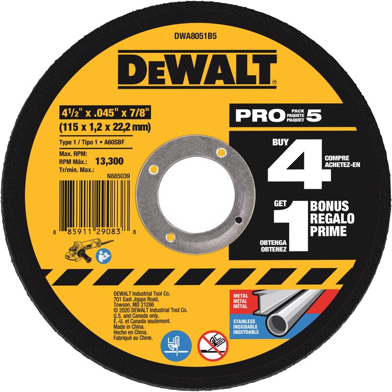 DEWALT DWA8951H 4-1/2-Inch Ceramic Cut-Off Wheel – Mini Hub, .045" Thin, 5/8-11 Arbor For Fast, Burr-Free Metal Cutting