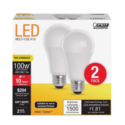 LED Bulb A19 E26 (Medium) Soft White 100 Watt Equivalence Clear Pair