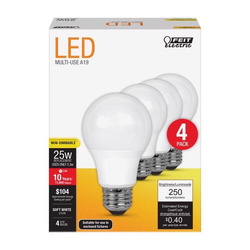 Feit Electric A250/82710KLED4 LED Bulb A19 E26 (Medium) Soft White 25 Watt Equivalence Frosted