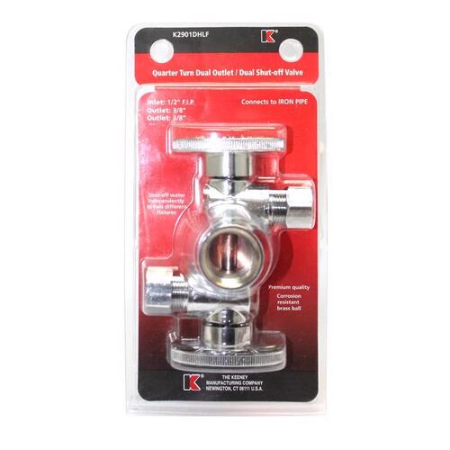 Dual Shut-Off Valve, 1/2 x 3/8 x 3/8 in Connection, FIP x Compression, 250 psi Pressure, Brass Body Chrome