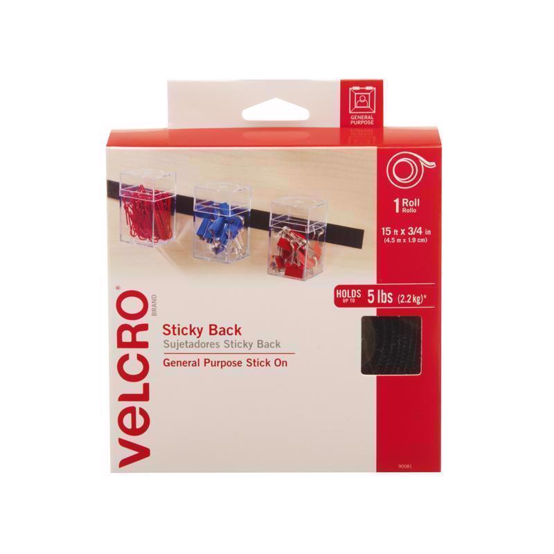 VELCRO Brand 90081 Fastener, 3/4 in W, 15 ft L, Nylon, Black, Rubber Adhesive