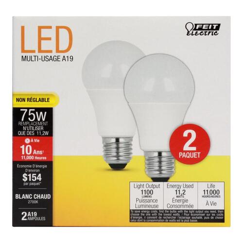 LED Bulb A19 E26 (Medium) Soft White 75 Watt Equivalence White Pair