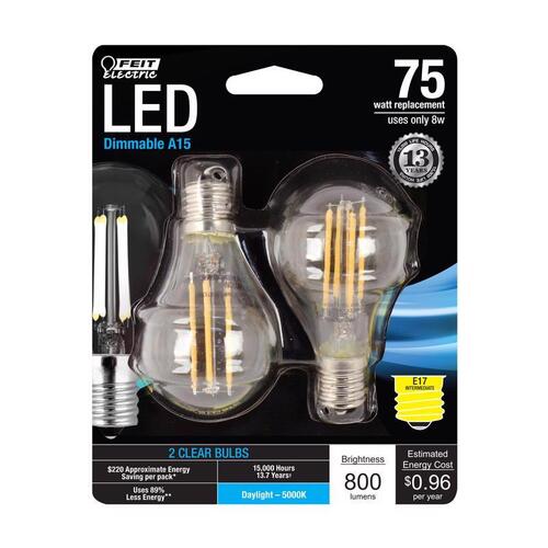 2 LED Bulb, General Purpose, A15 Lamp, 75 W Equivalent, E17 Lamp Base, Dimmable Pair Clear