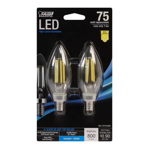 LED Bulb, Decorative, 75 W Equivalent, E12 Lamp Base, Clear, Daylight Light - Pair