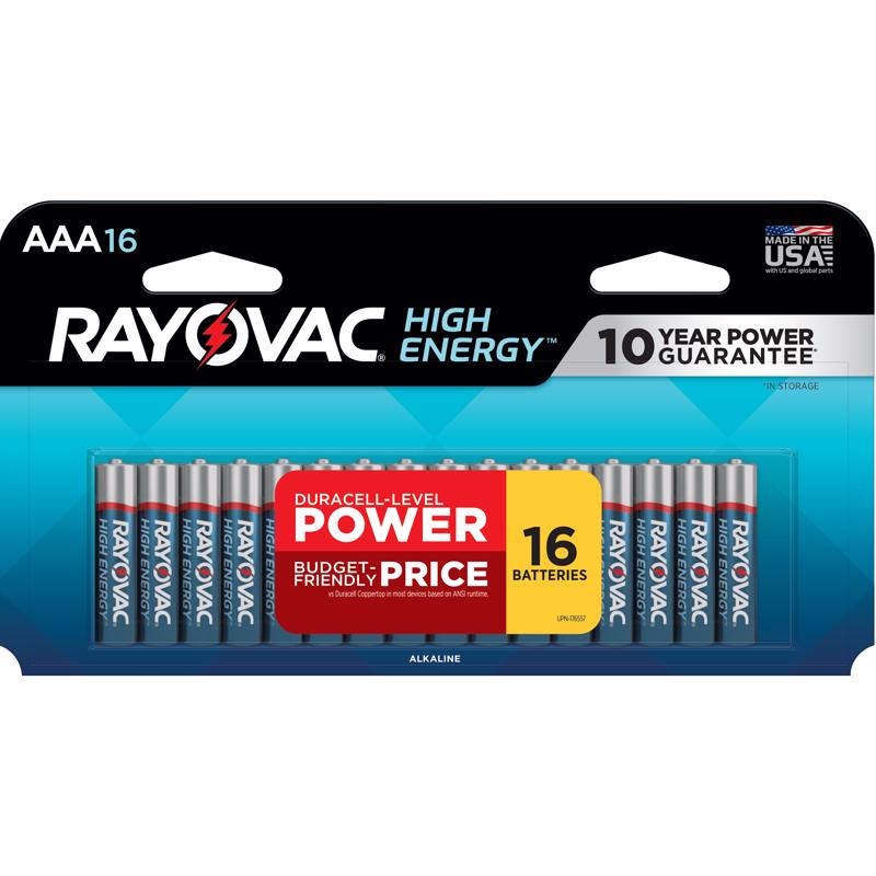 Rayovac 824-16LTK Battery, 1.5 V Battery, AAA Battery, Alkaline, Blue/Silver - pack of 16