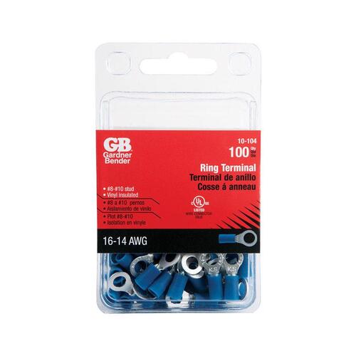 Ring Terminal, 600 V, 16 to 14 AWG Wire, #8 to 10 Stud, Vinyl Insulation, Copper Contact, Blue - pack of 100