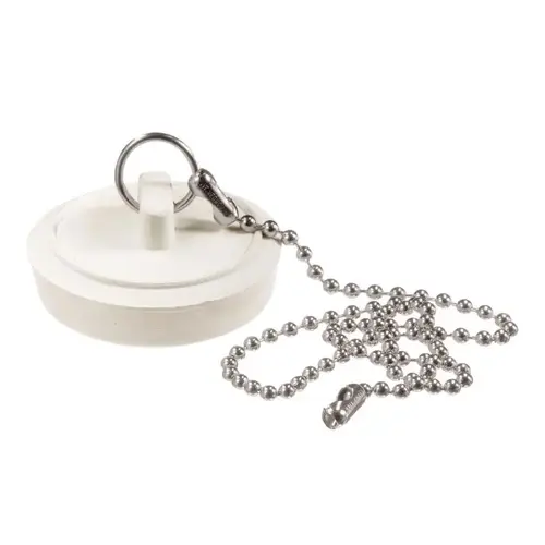 Drain Stopper with Chain, Rubber, White, For: 1 to 1-3/4 in Sink