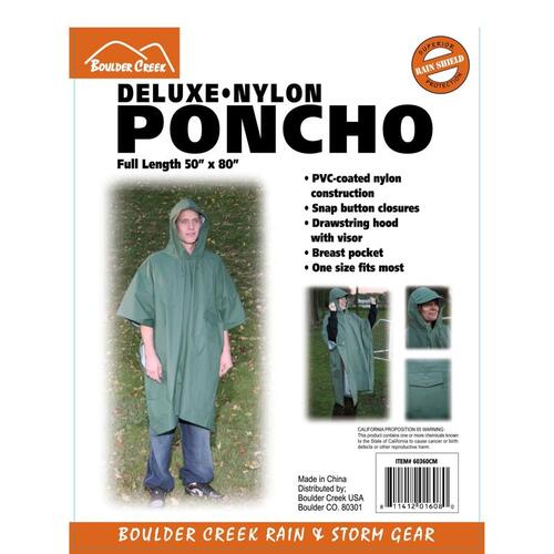 Rain Poncho Green PVC-Coated Nylon One Size Fits All Green