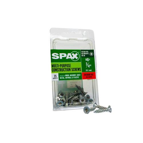 Spax 4101010400202 Multi-Purpose Screws No. 8 X 3/4" L Phillips/Square Flat Head Zinc-Plated