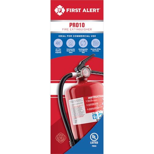 First Alert PRO10 Rechargeable Fire Extinguisher, 10 lb Capacity, Monoammonium Phosphate, 4-A:60-B:C Class