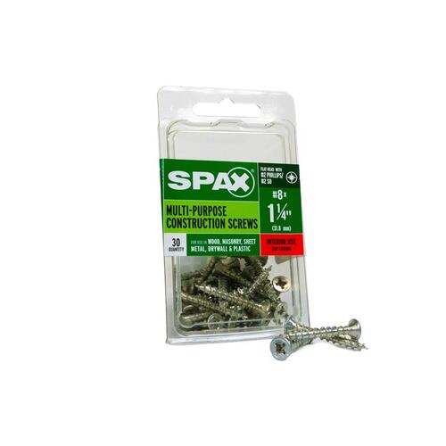 Spax 4101010400322 Multi-Purpose Screws No. 8 X 1-1/4" L Phillips/Square Flat Head Zinc-Plated