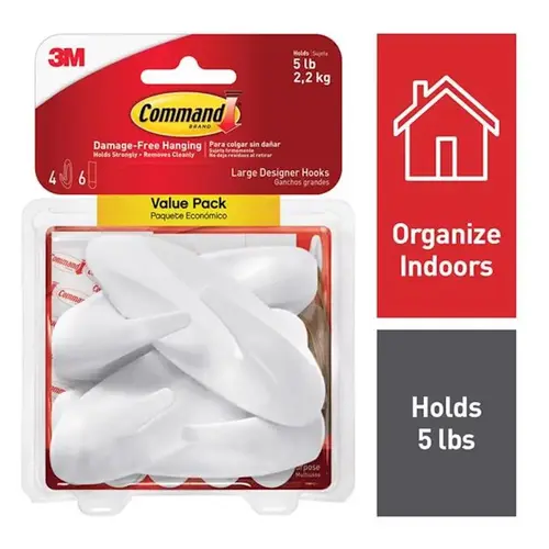 Designer Hooks Command Large Plastic 4.125" L White - pack of 16