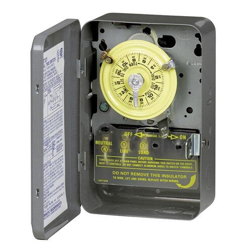 Mechanical Timer Switch, 40 A, 120 V, 3 W, 24 hr Time Setting, 12 On/Off Cycles Per Day Cycle