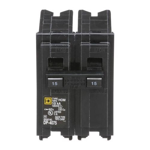 Homeline Circuit Breaker, Mini, 15 A, 2 -Pole, 120/240 V, Fixed Trip, Plug Mounting, Black