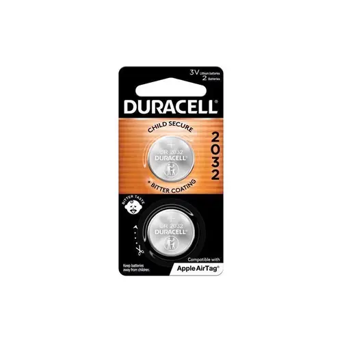 DURACELL 004133301203 Battery, 3 V Battery, 220 mAh, CR2032 Battery, Lithium, Manganese Dioxide - Pair