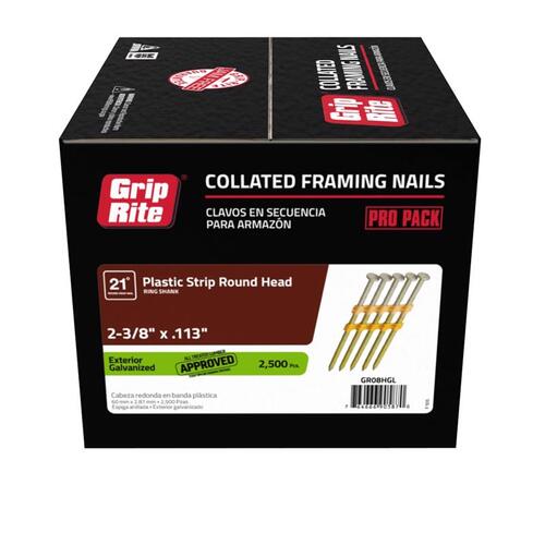 Grip-Rite GR08HGL Framing Nails 2-3/8" 12 Ga. Angled Strip 21 deg Ring Shank Hot Dipped Galvanized
