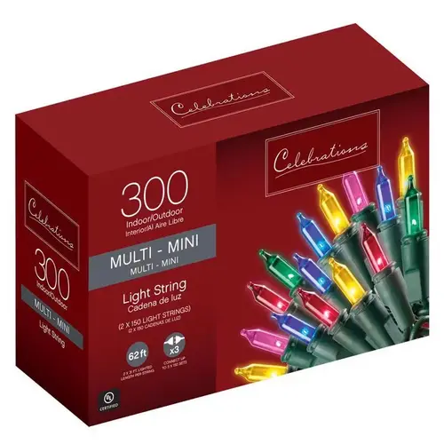 Christmas Lights Incandescent Mini Multicolored 300 ct String 62 ft.