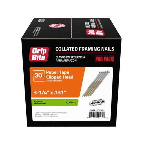 Grip-Rite GRSP12DZHG Framing Nails 3-1/4" Angled Strip 30 deg Smooth Shank Hot Dipped Galvanized