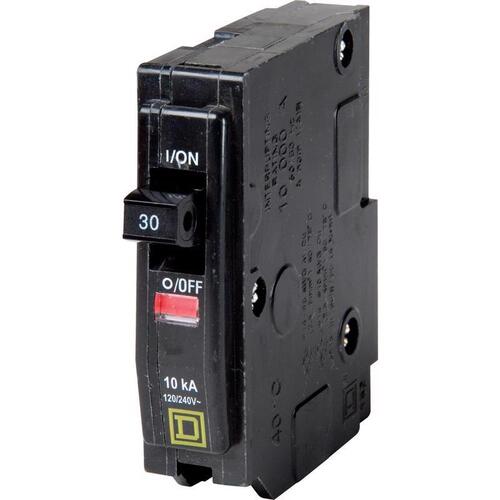 QO Circuit Breaker, Mini, 30 A, 1 -Pole, 120/240 VAC, 48 VDC, Fixed Trip, Plug Mounting