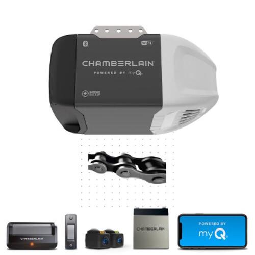 Garage Door Opener, Battery, Chain Drive, OS: myQ and Security+ 2.0, Gray