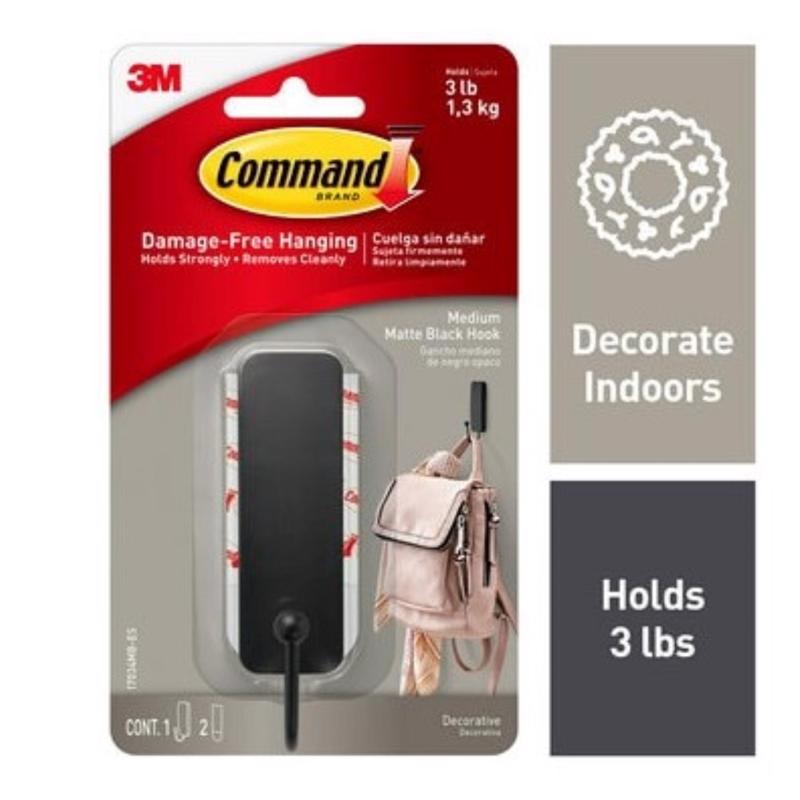 Command 17034MB-ES Medium Decorative Hook, 1 in W, Metal/Plastic, Matte, 3 lb Black