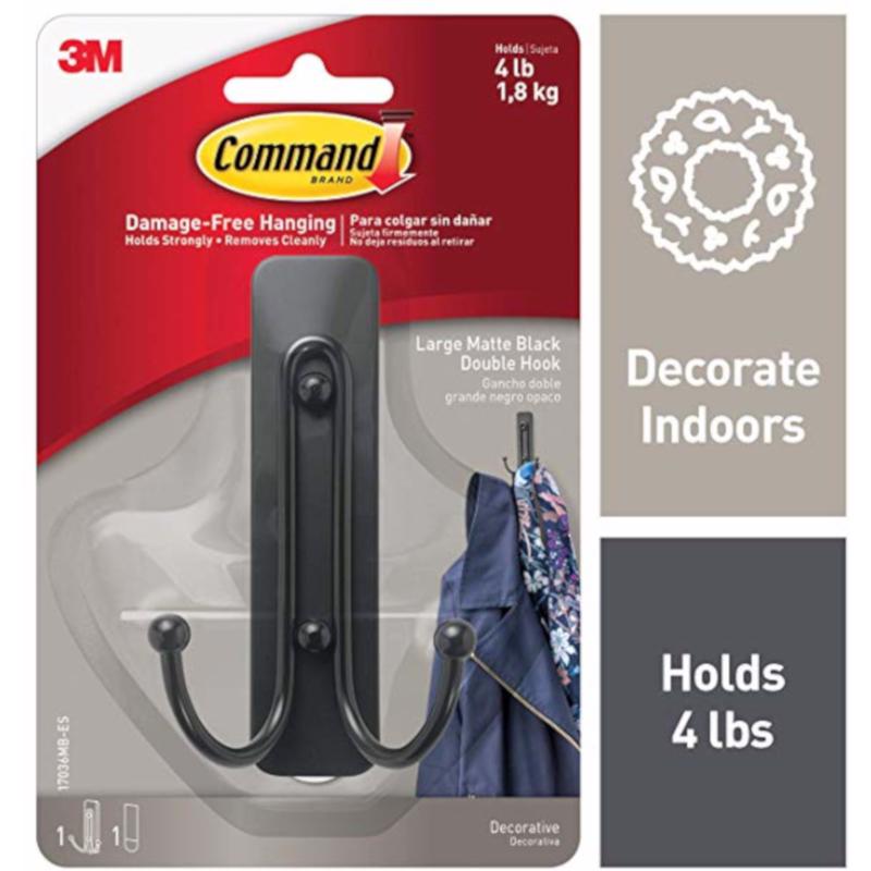 Command 17036MB-ES 2" Large Decorative Double Hook, 5 lb, 1-Hook, Metal/Plastic, Black, Matte