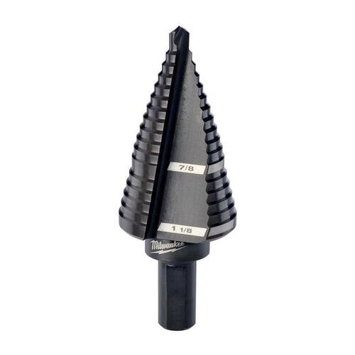 Step Drill Bit, 7/8 to 1-1/8 in Dia, 2-61/64 in OAL, 2-Flute, 3/8 in Dia Shank, Flat Shank Black Oxide