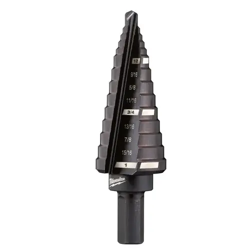 Step Drill Bit, 1/2 to 1 in Dia, 3-17/64 in OAL, Straight Flute, 2-Flute, 3/8 in Dia Shank Black Oxide