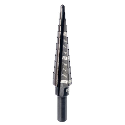 Step Drill Bit, 1/8 to 1/2 in Dia, 3-7/64 in OAL, 2-Flute, 1/4 in Dia Shank, Flat Shank Black Oxide