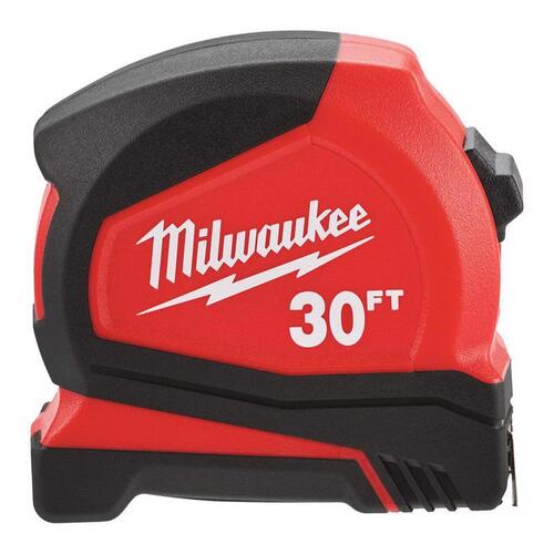 Tape Measure, 30 ft L Blade, 1.65 in W Blade, Steel Blade, ABS Case, Black/Red Case